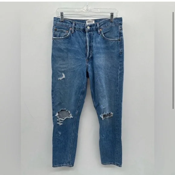 AGOLDE feel good blue buttonfly woman distress high rise straight ankle jean 28 - Picture 3 of 12